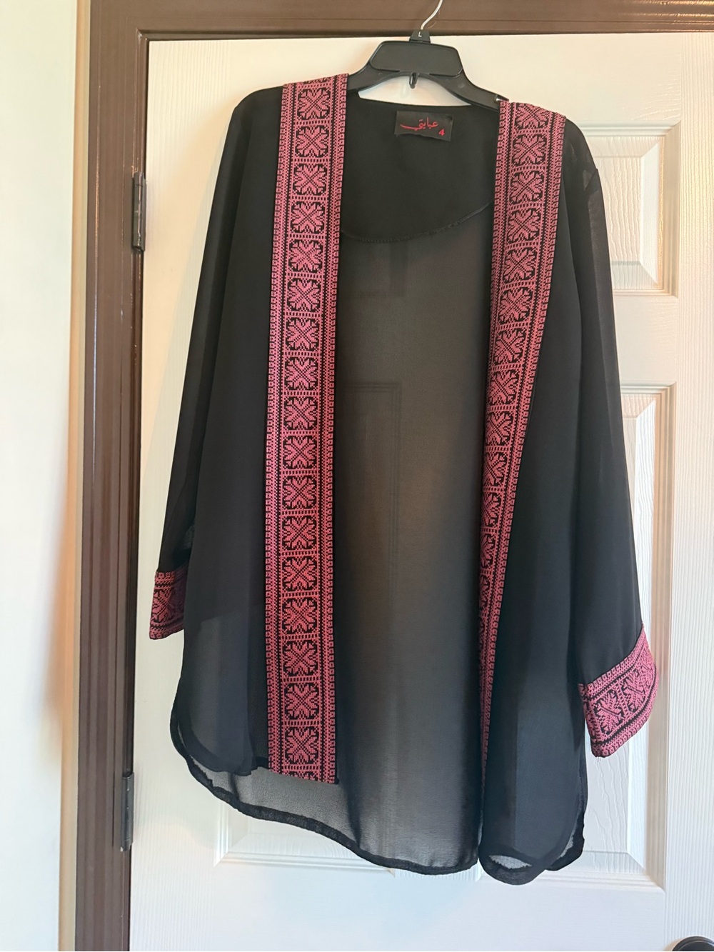 Embroidered Open Front Black Kimono with Pink Trim